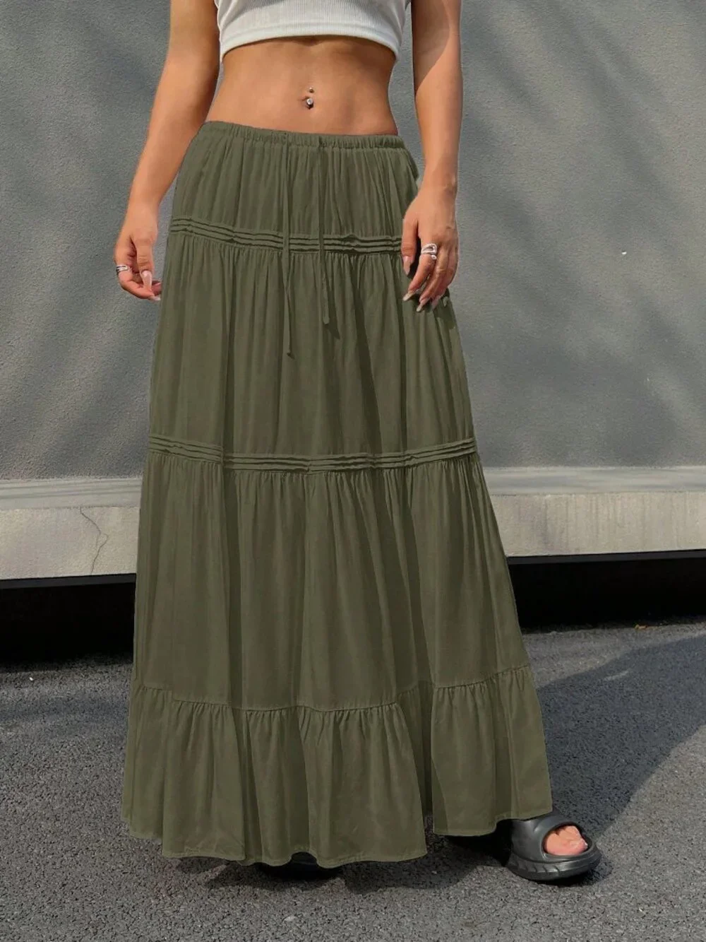 Olive Green Casual Women's Tie-Waist Ruffle Hem Long Skirt